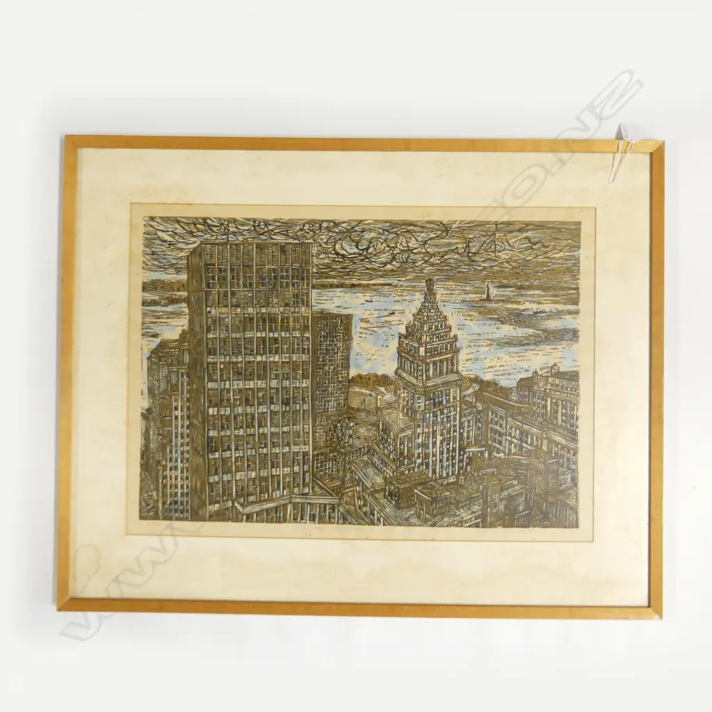 KITAOKA FUMIO 'DOWNTOWN MANHATTAN' WOOD BLOCK PRINT 1966 6/50 420x590mm Image 1++