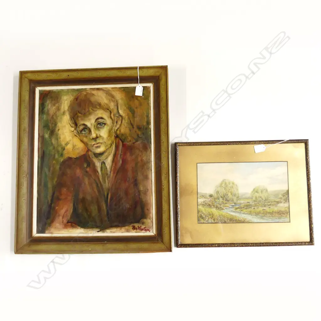 WATERCOLOUR SCENE (295 X 190MM) +  PORTRAIT 'FREDDIE' OIL ON BOARD, SIGNED ? MORTON  (390 X 500MM) Image 1++