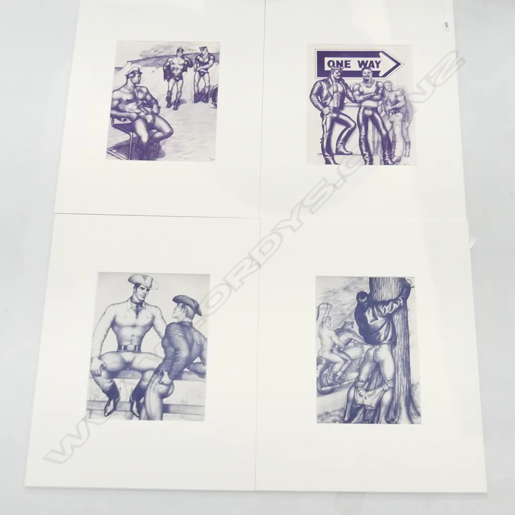 4 TOM OF FINLAND PRINTS; 'I AM A THEIF', COWBOY PR, 'ONE WAY', BEACH TRIO 270x210mm Image 1++