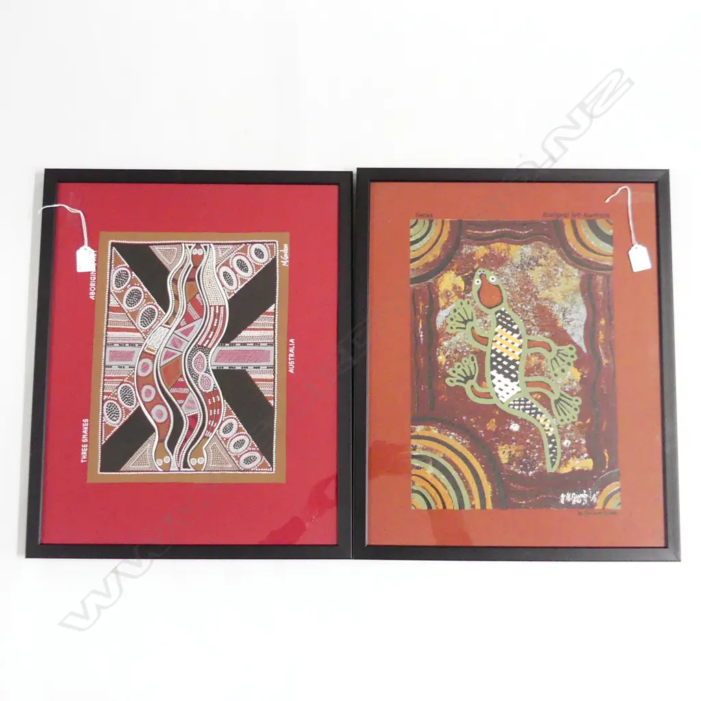2 ABORIGINAL PRINTS ON FABRIC; M. CONLON 'THREE SNAKES', JOHN SMITH GUMBULA 'GECKO' 500x400mm Image 1++