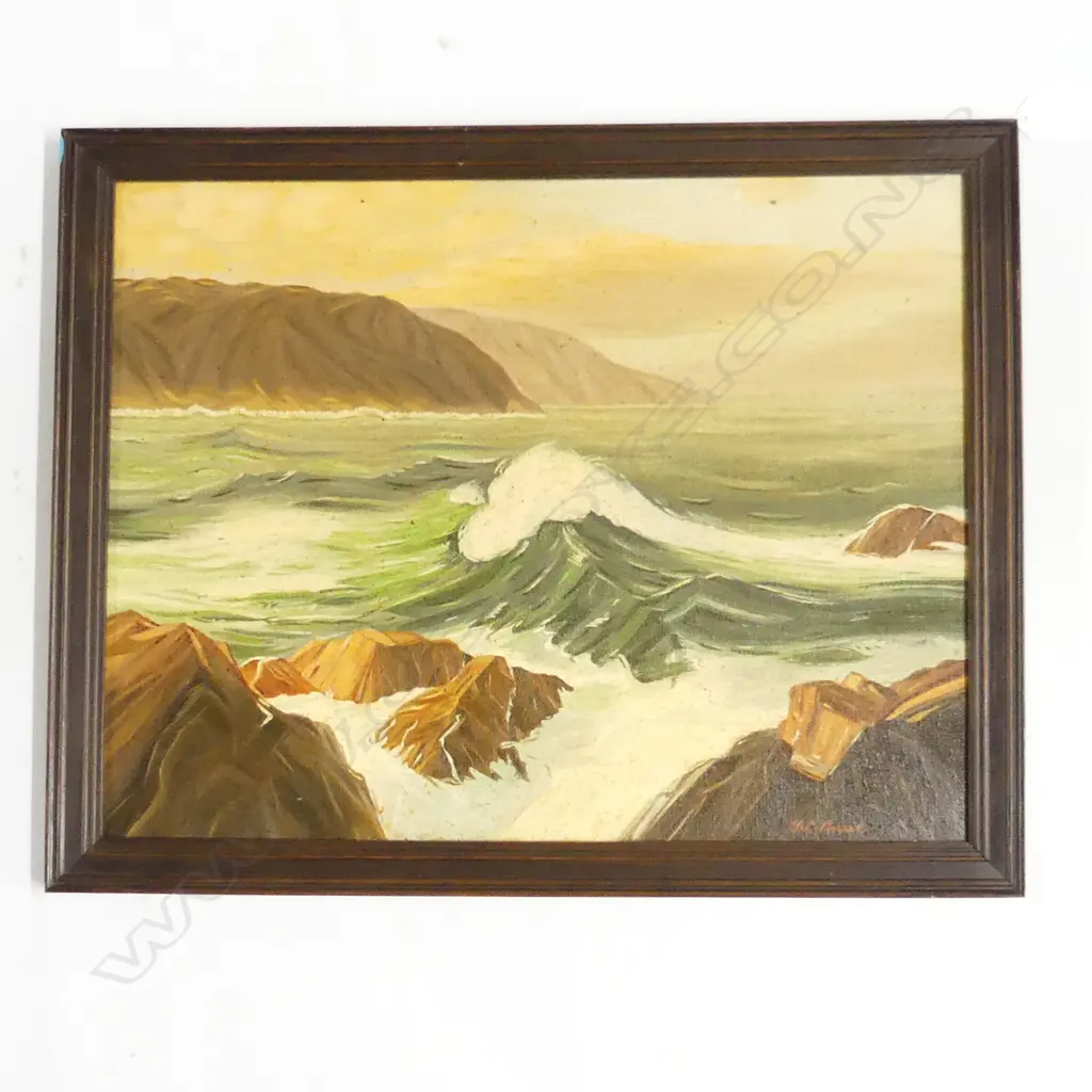 F.C. CURRIE (UK), HEADLAND WITH WAVES, OIL ON BOARD, SIGNED, 350mm x 450mm Image 1++