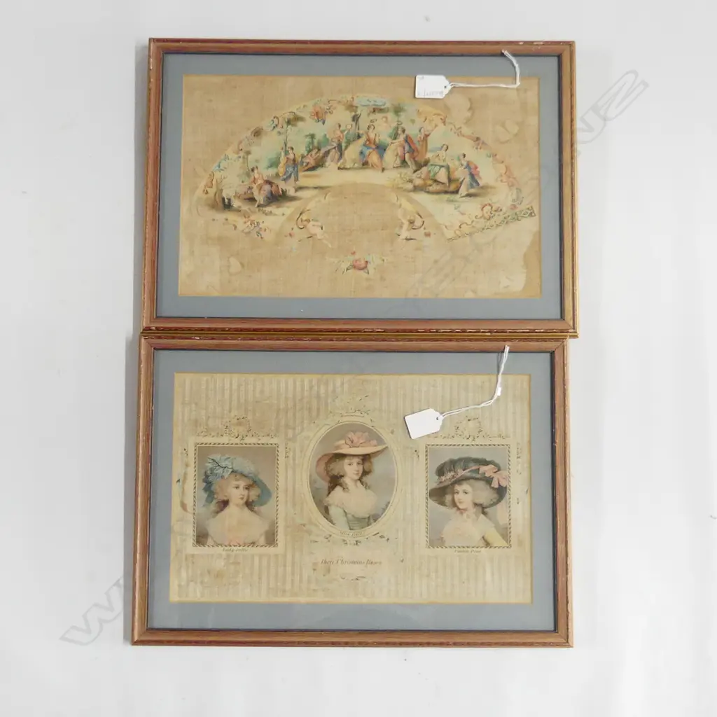 PR FRAMED 18thC STYLE ARTWORKS ON CLOTH; QUEEN MARYS FAN WC, TRIPLE PORTRAIT 235x380mm Image 1++
