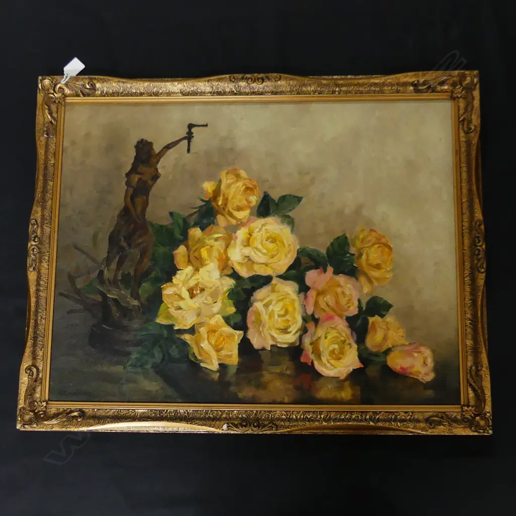 FRAMED & SIGNED STILLIFE WITH STATUETTE L750 H560MM Image 1++