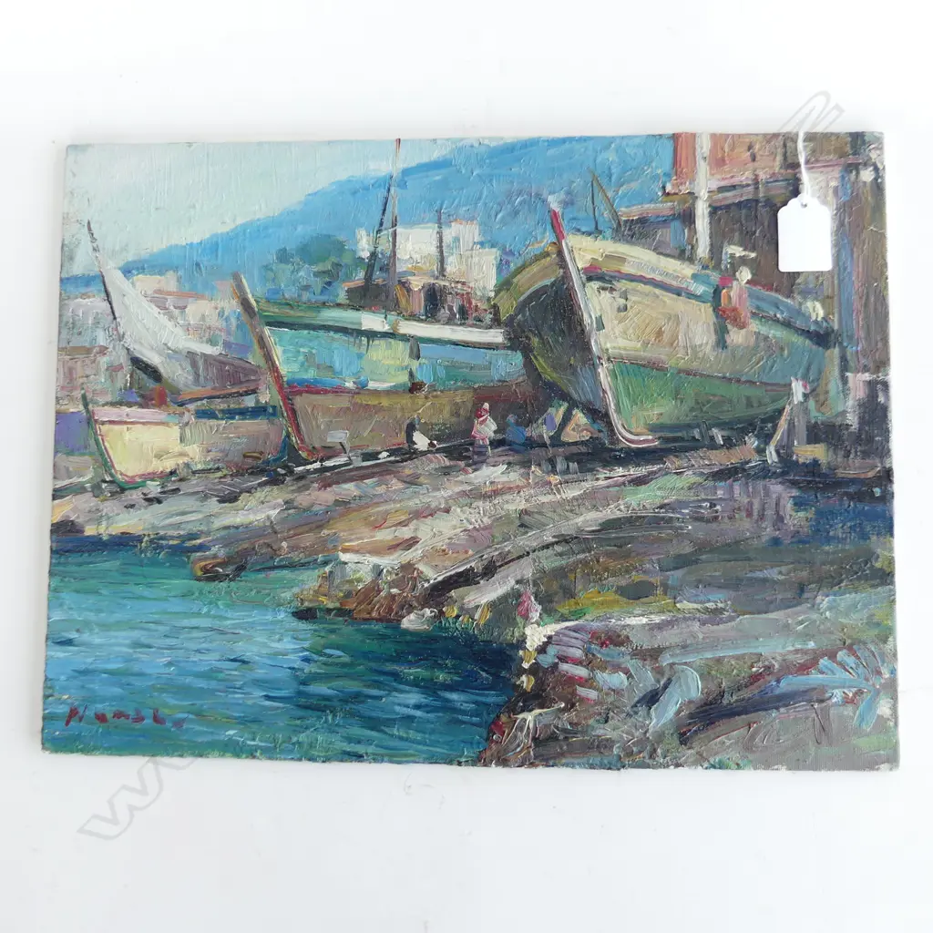 PASQUALE MONACO OIL ON BOARD 'THE SHIPYARD, AMALFI' 300 X 400mm signed detailed verso unframed Image 1++