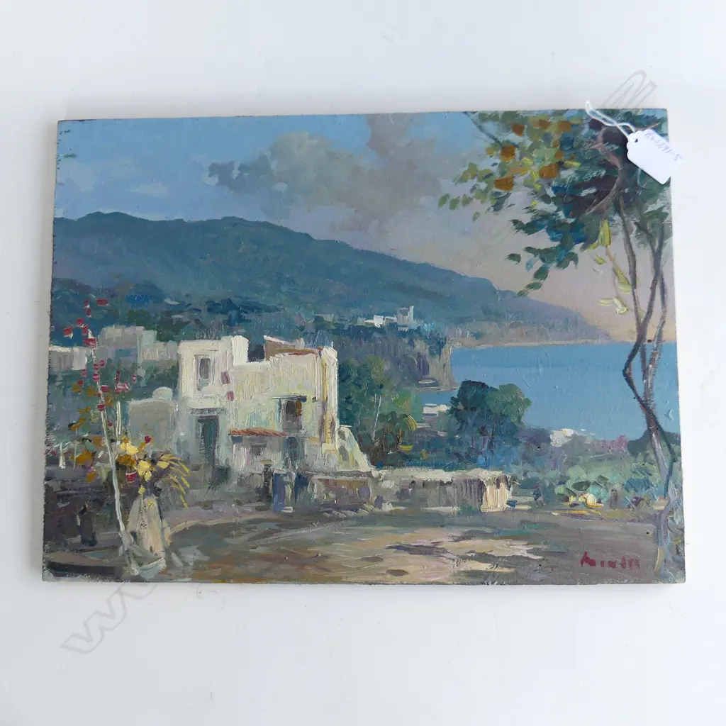 PASQUALE MONACO OIL ON BOARD ITALIAN COASTAL SCENE 300 X 400mm signed detailed verso unframed Image 1++