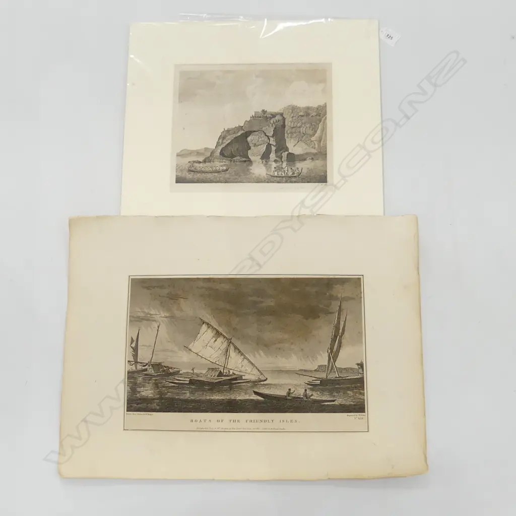 2 EARLY ENGRAVINGS; PAH ON ARCHED ROCK TOLAGA BAY + 'BOATS OF THE FRIENDLY ISLES' BY W. HOGDGES ENGRAVER W. WATTS Image 1++