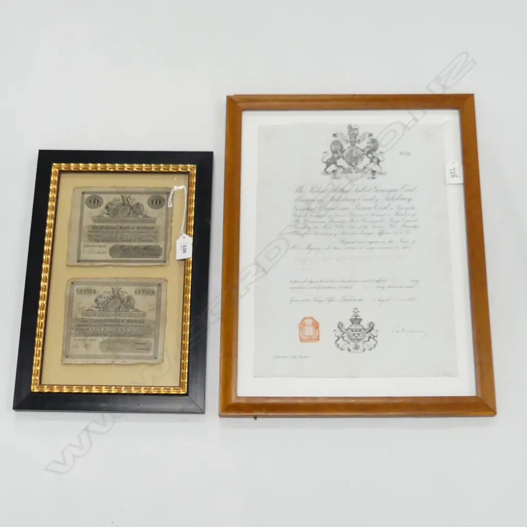 FRAMED 1885 DOCUMENT H480 W370 & FRAMED SCOTTISH POUND & GUINEA H380MM W260MM Image 1++