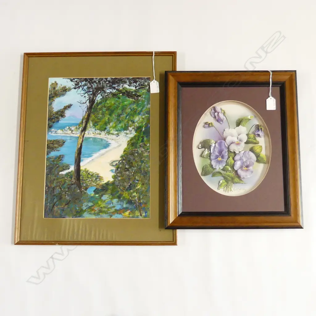 OIL ON BOARD COASTAL SCENE, SIGNED & CRYSTAL SHELLEY ENAMEL FLOWER FRAMED SHADOW BOARD (360 X 430MM INCL FRAME) Image 1++