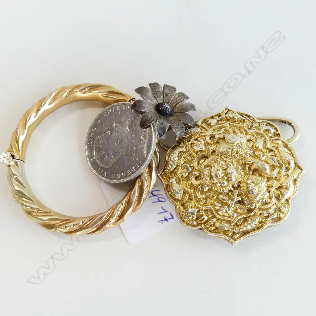 OLD CHINESE SILVER GILT BELT BUCKLE + BANGLE + COIN & FLOWER Image 1++