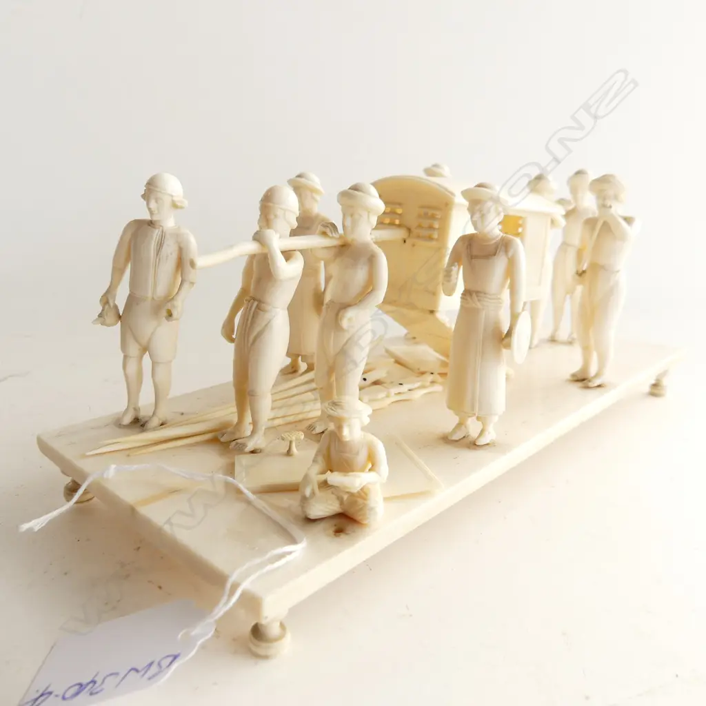 STH EAST ASIAN CARVED IVORY CARRIAGE BEING CARRIED BY ATTENDANTS + SET SWIZZEL STICKS. SOME DAMAGE. L.225mm Image 1++