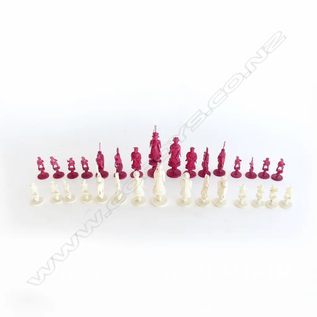 CHINESE CARVED IVORY RED & WHITE CHESS SET (WHITE KING MISSING) KING H.115mm Image 1++