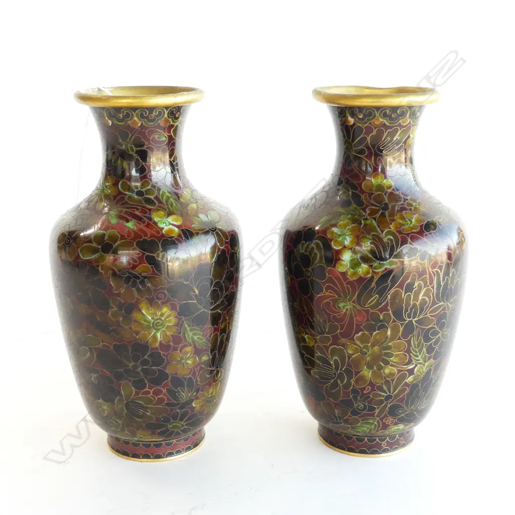 PR BROWN CLOISONNE VASES H.205mm one damaged Image 1++