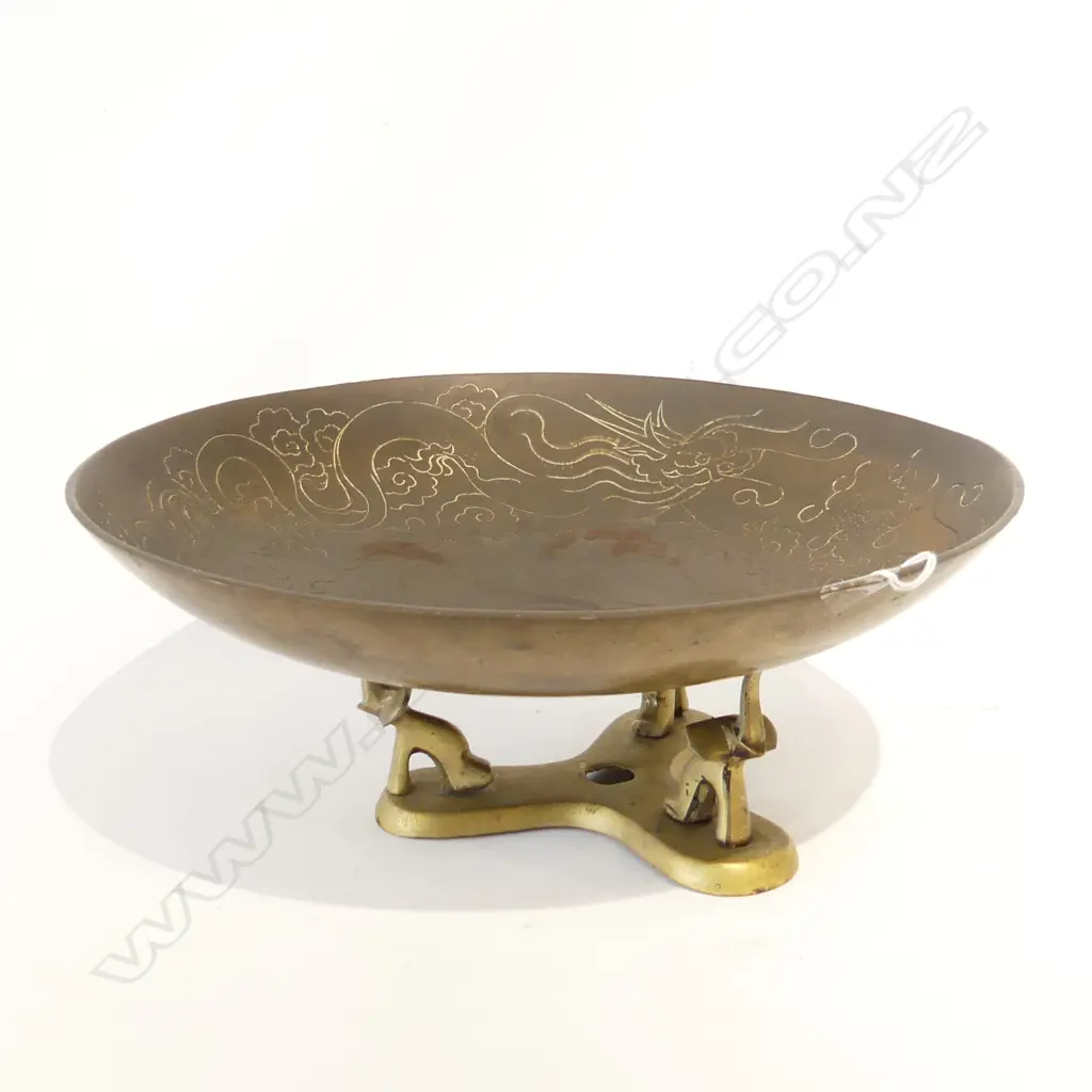 CHINESE BRASS BOWL w. ELEPHANT TRIPOD STAND 280mm dia Image 1++