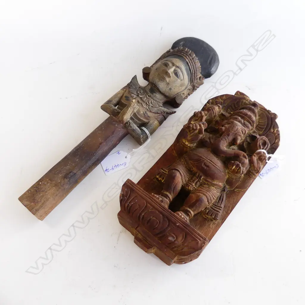 2 WOODEN CARVINGS: INDIAN Ganesh + THAI RICE GOD Image 1++