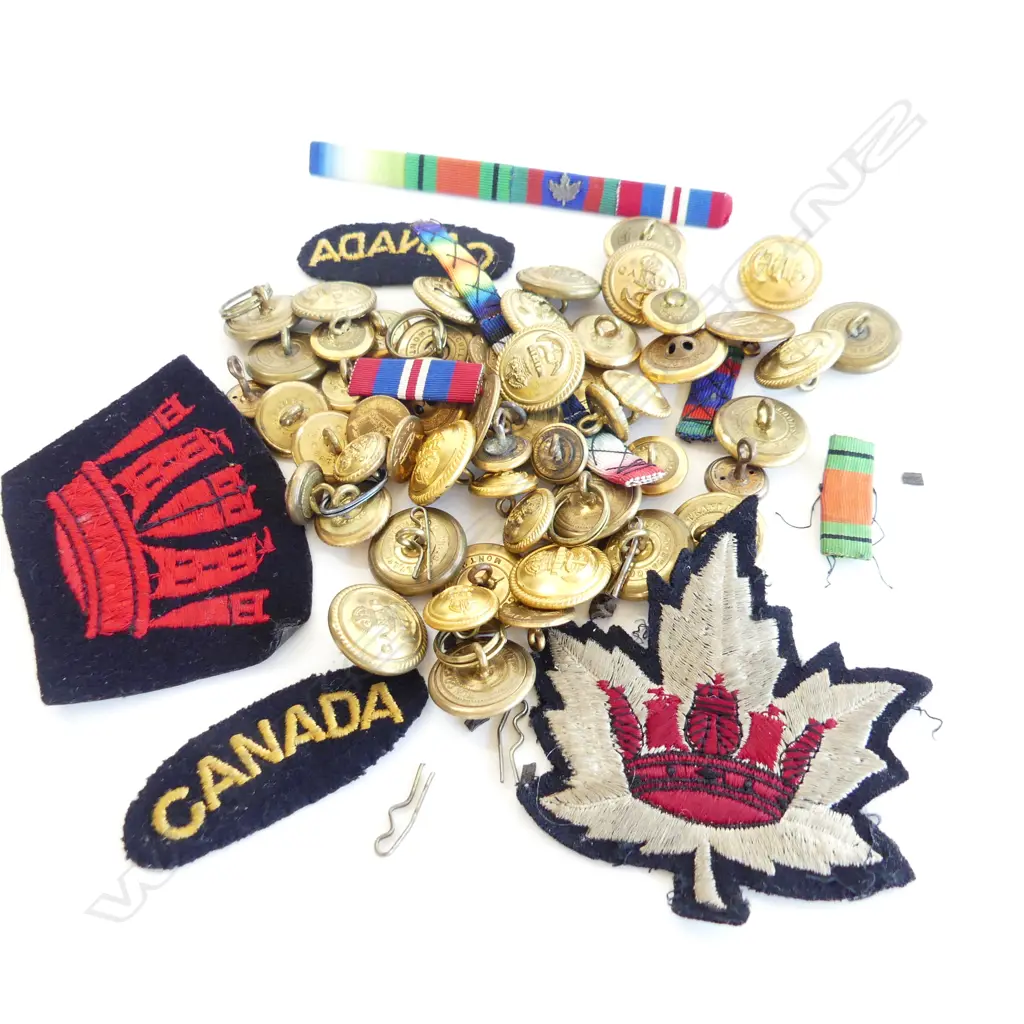 BAG VINTAGE GOLD METAL BUTTONS & ASST CLOTH BADGES  Image 1++
