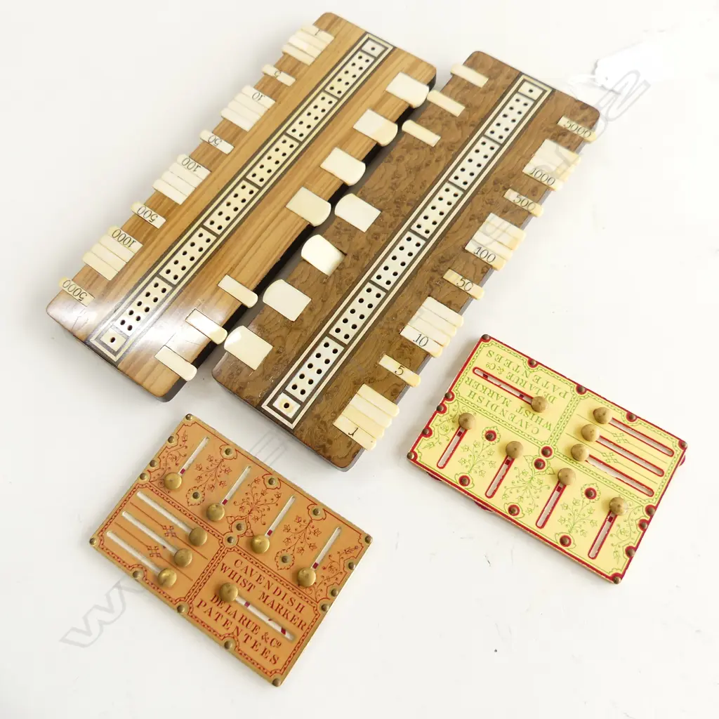2 ANTIQUE WHIST GAME MARKING BOARDS w. IVORY TABS 205x80mm + 2 CAVENDISH MARKING CARDS 65x95mm Image 1++