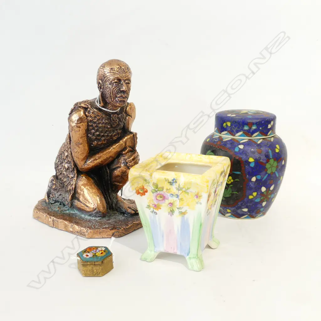 4 PCES; CROUCHING MAORI FIGURE - COPPER FOIL OVER RESIN, LIDDED CLOISONNE GINGER JAR, VASE, MICRO MOSAIC BOX W.30mm Image 1++