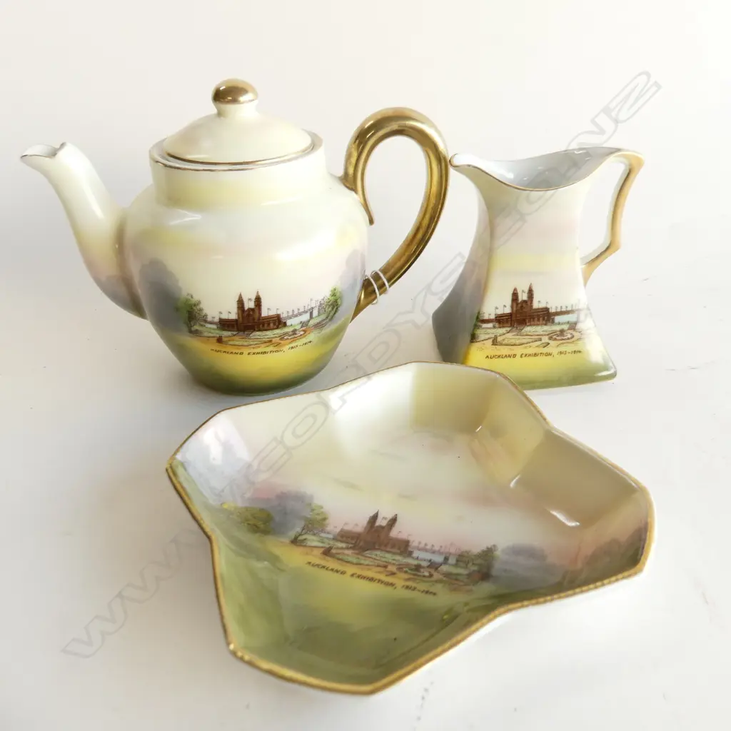 3 ROYAL BAYREUTH AUCKLAND EXHIBITION PCS; TEAPOT, DISH & JUG Image 1++