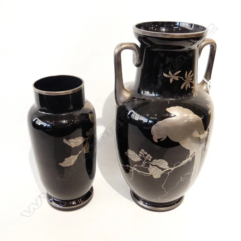 2 BLACK GLASS SILVERED VASES LARGEST 300MM Image 1++