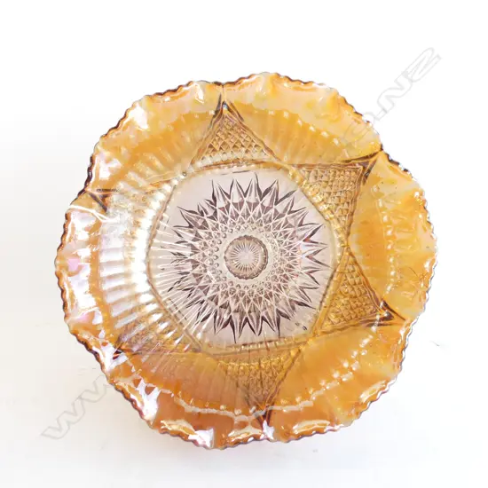 CARNIVAL GLASS BOWL, DIAMOND POINT PATTERN IN FIRE LAVENDER COLOUR TO BASE, DIA 225MM