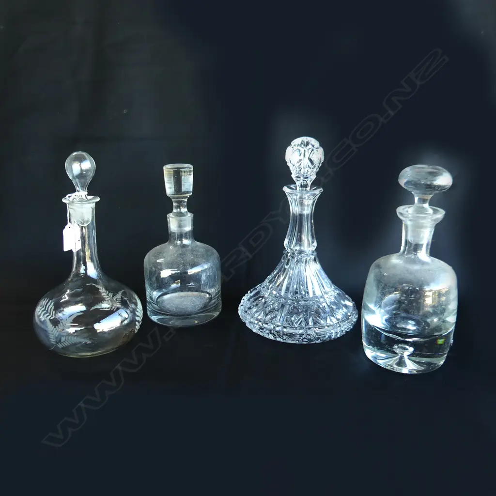 4 DECANTERS; SHIP, FERN ETCHED, BOHEMIA, KROSNO H.280mm Image 1++
