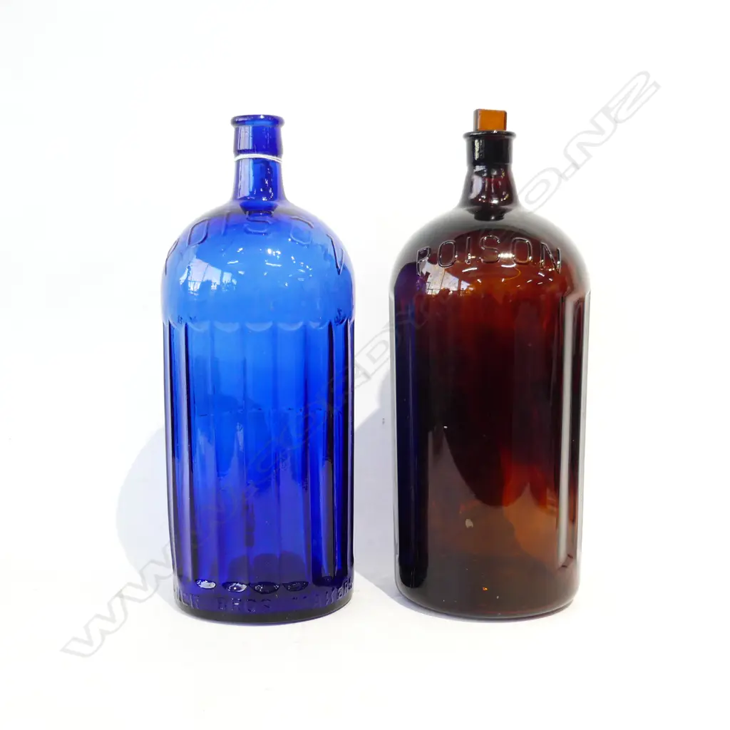 2 LG VINTAGE BLUE & RED GLASS POISON BOTTLES H.340MM Image 1++
