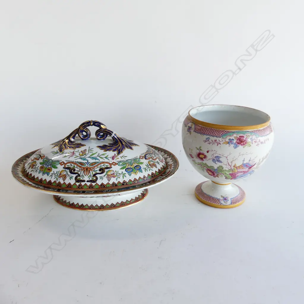 LATE 19thC IRONSTONE LIDDED TUREEN L.300mm repair + DEVON PORCELAIN 'PEKING' FOOTED VASE H.160mm Image 1++