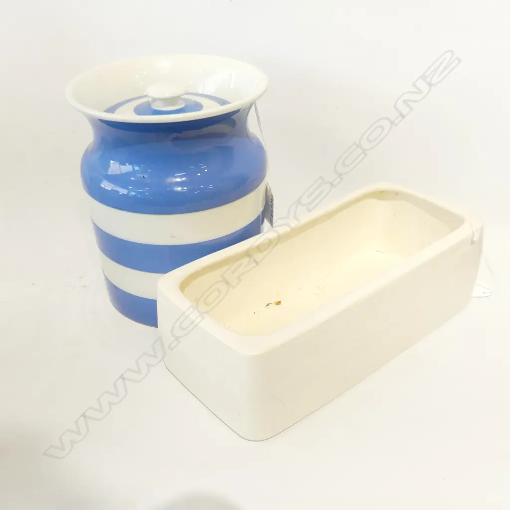 LG T G GREEN BLUE & WHITE CORNISH WARE CANISTER H. 175MM + CROWN LYNN WHITE TROUGH VASE L. 240MM, TIKI STAMP Image 1++