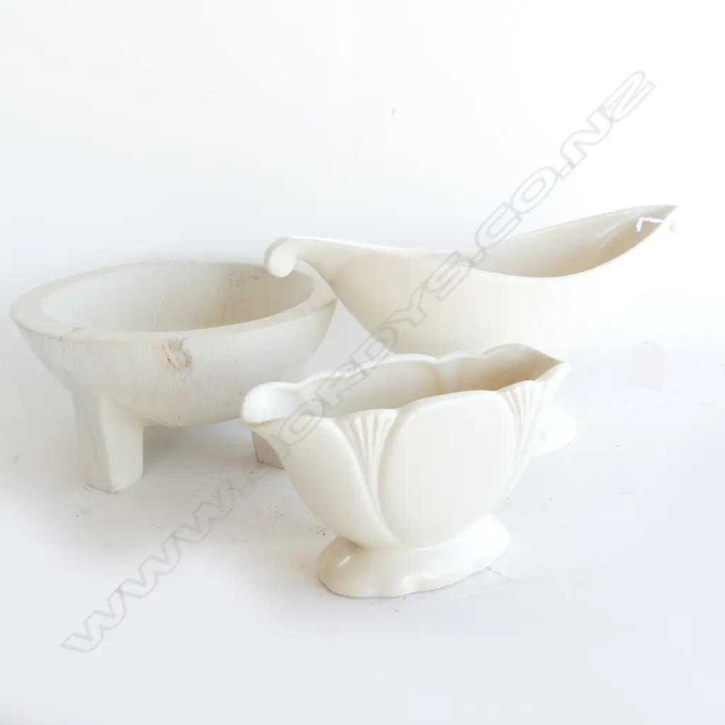 2 WHITE ENGLISH VASES; DARTMOUTH & BESWICK W.330mm (faulted) + WHITE STONE KAVA BOWL 205mm dia Image 1++