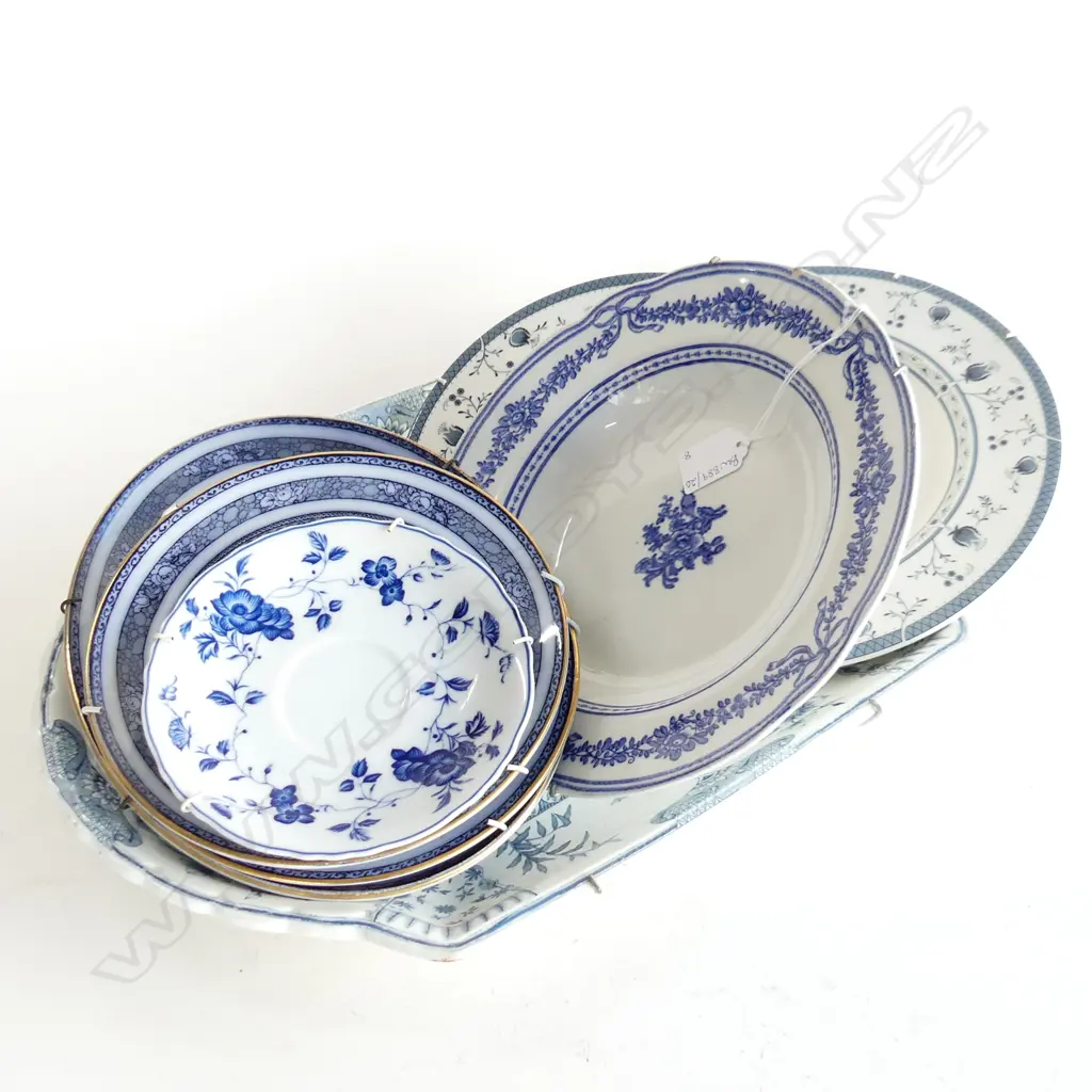 LG LATE 19thC RIDGWAYS 'LICHFIELD' PLATTER 315x455mm + 7 ASST. PLATES w. WALL HOOKS Image 1++