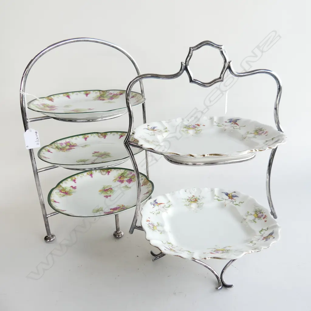 2 EP PLATE STANDS WITH EDWARDIAN CHINA PLATES H370MM Image 1++
