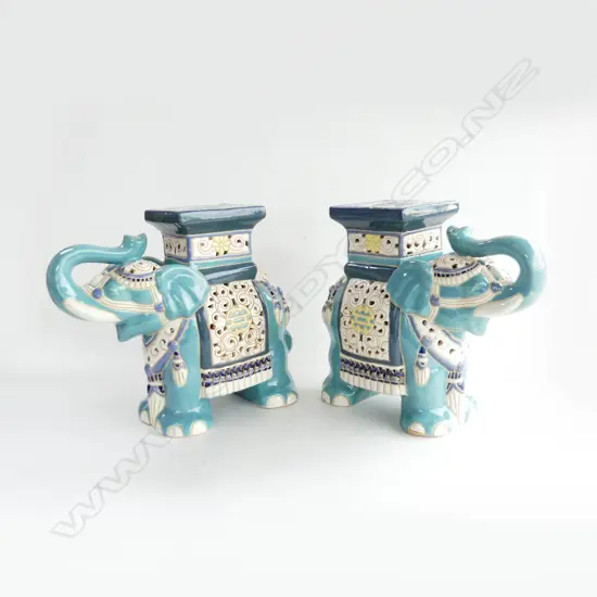 PAIR OF BLUE CERAMIC ELEPHANTS H300MM