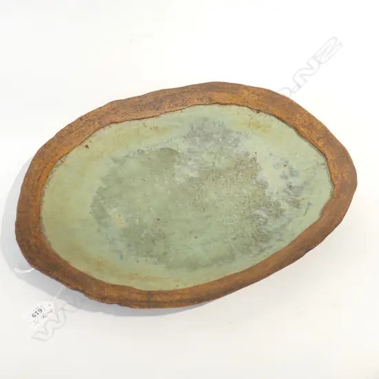 LGE POTTERY PLATTER green interior ribbed zig-zag base. L.415mm. potter unknown