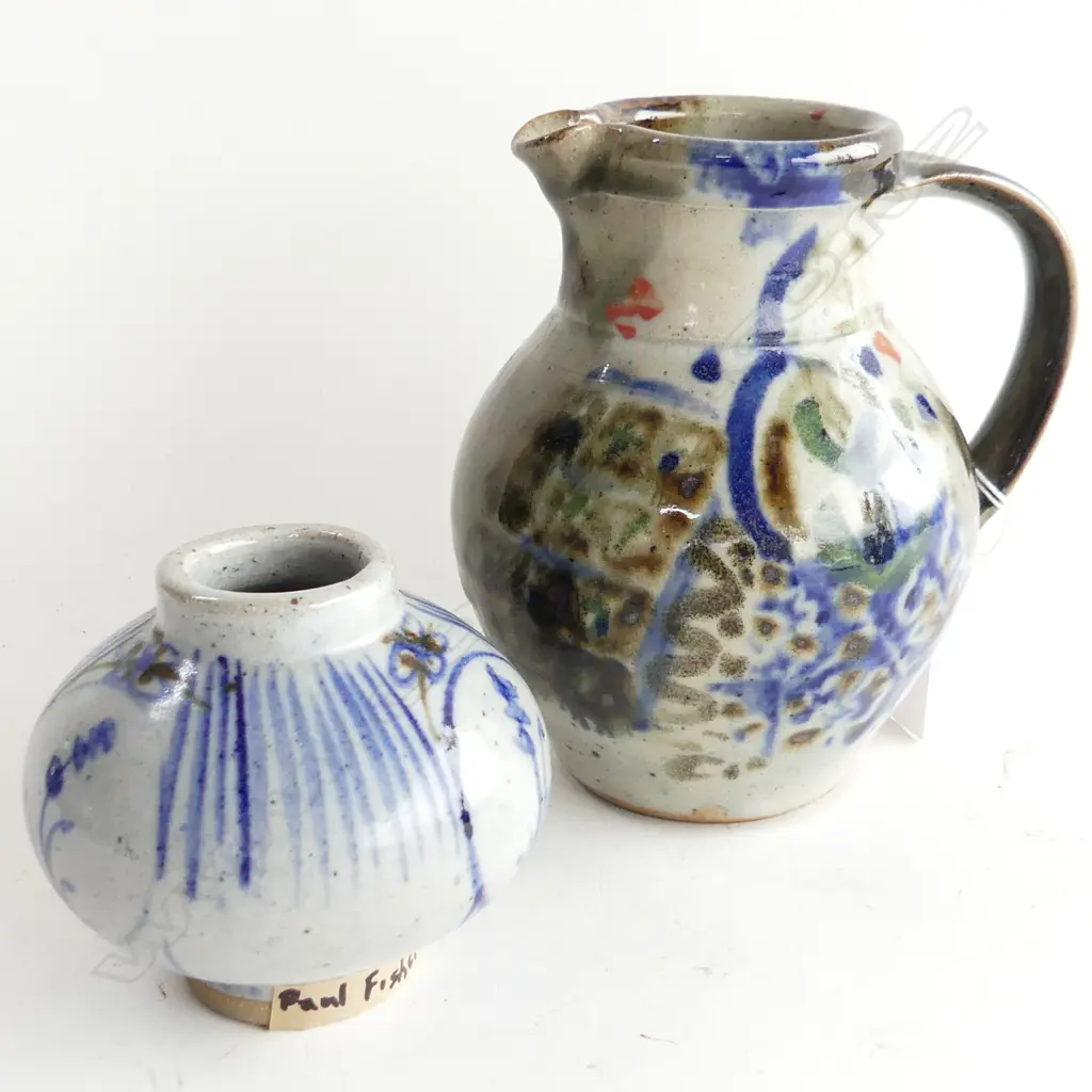 2 PAUL FISHER PCES; JUG & SMALL OVOID VASE INCISED MARK TO BOTH H. Image 1++