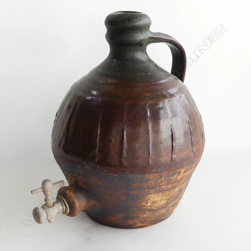  LARGE WILF WRIGHT WINE DECANTER OIL FIRED w. TENMOKU GLAZE & IMPRESSED MARK H.300mm Image 1++