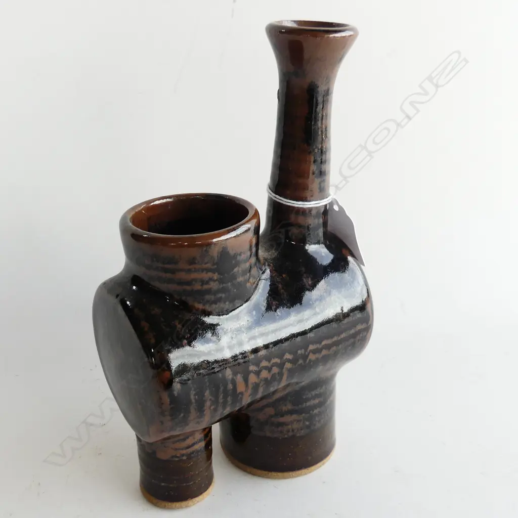 BRUCE MARTIN STEAM ENGINE IKEBANA VASE, TENMOKU GLAZE, IMPRESSED MARK H.210mm Image 1++