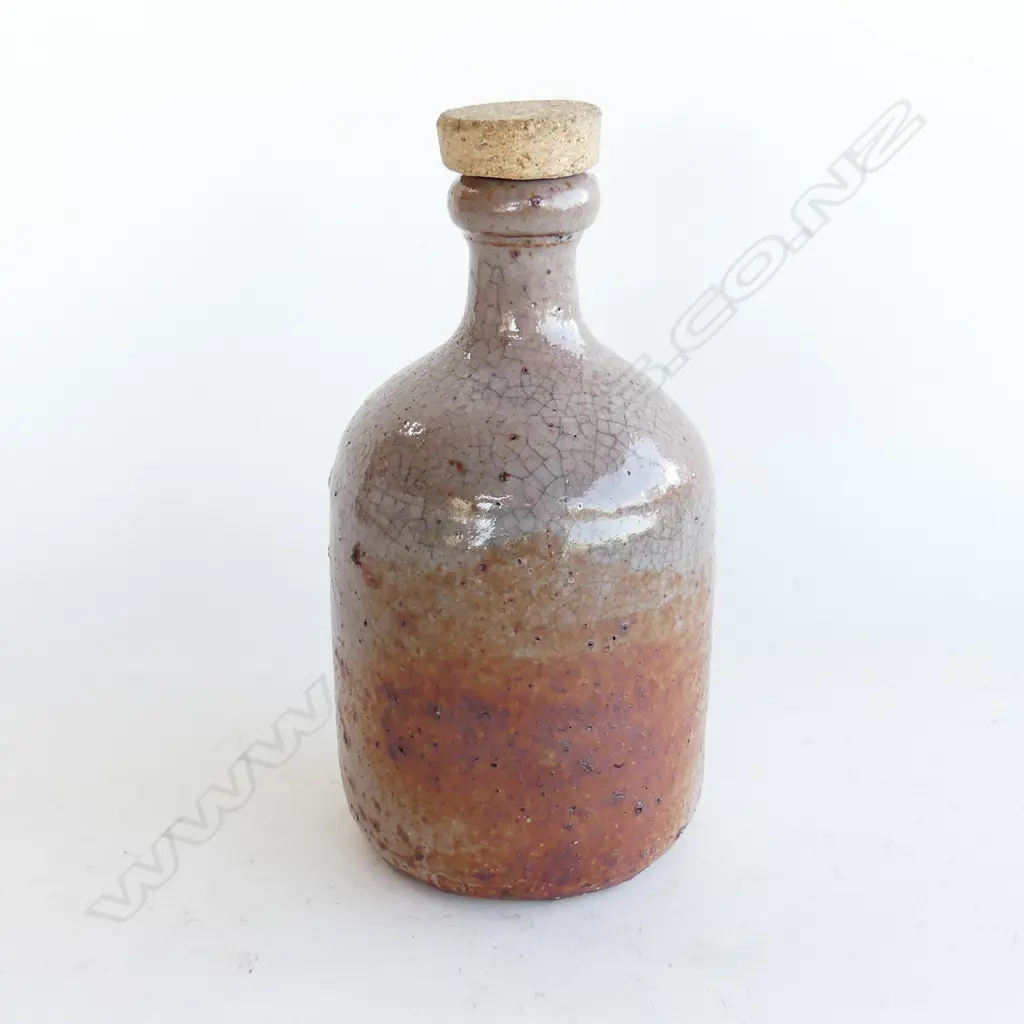 DON THORNLEY RICH DARK CELADON GLAZE BOTTLE w cork stopper. H.225mm Image 1++