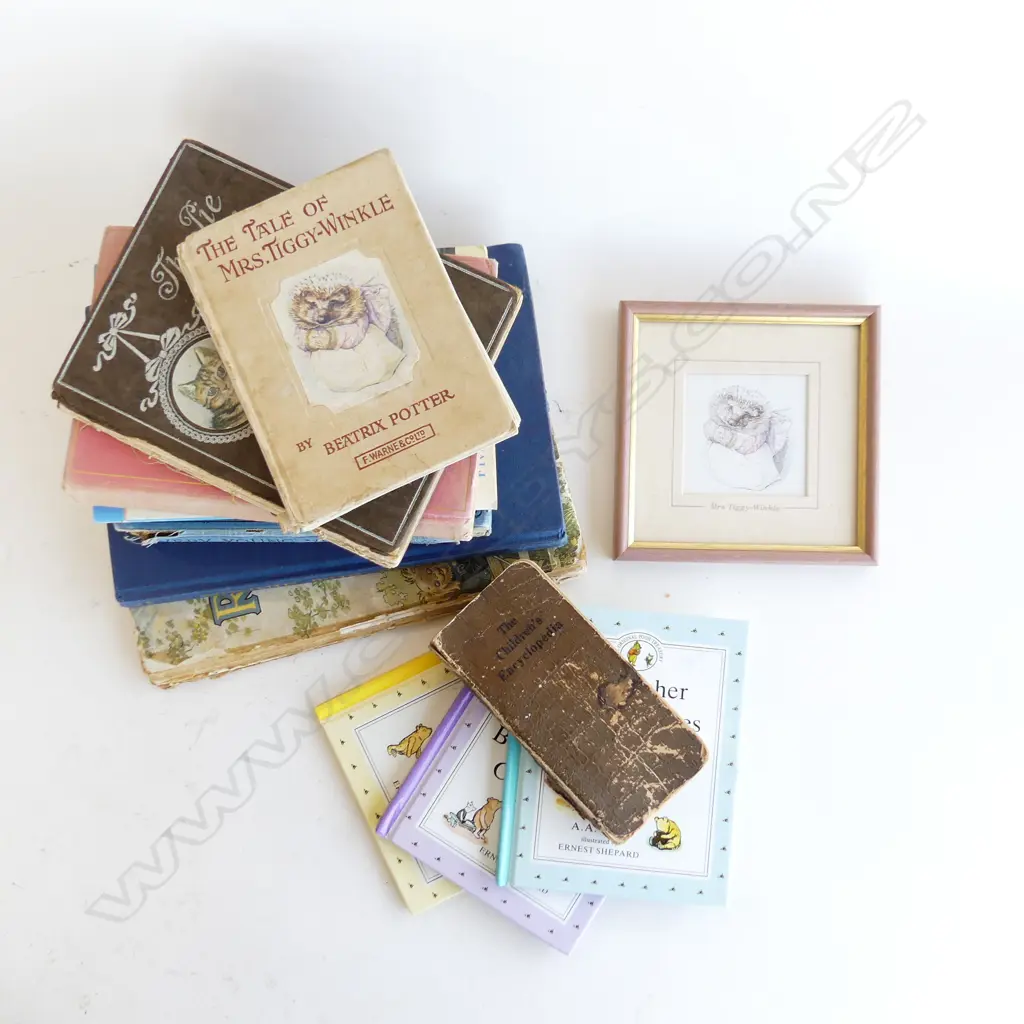 13 CHILDRENS BOOKS INCL. A. A. MILNE POOH / BEATRIX POTTER + PRINT 'MRS TIGGY-WINKLE' Image 1++