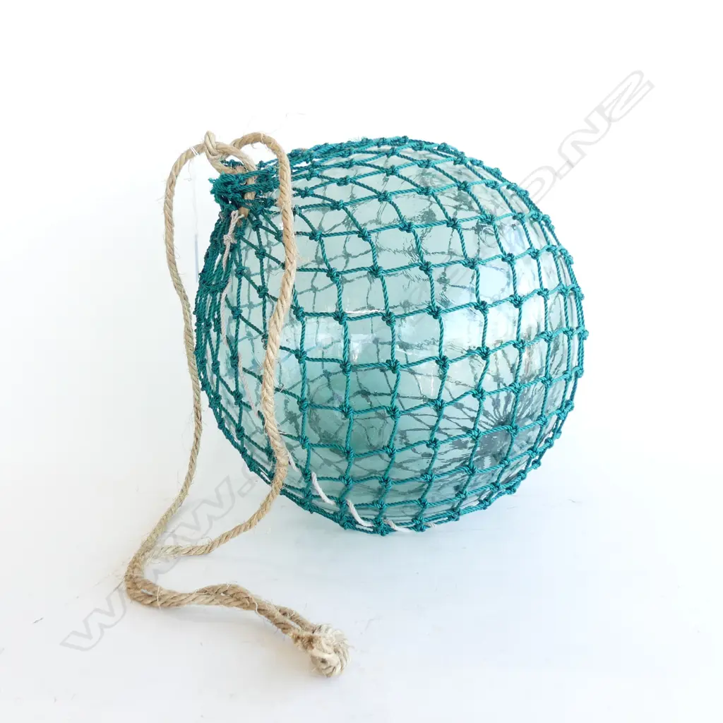 OLD GLASS FISHING FLOAT WITH NETTING APPROX DIA 310mm Image 1++