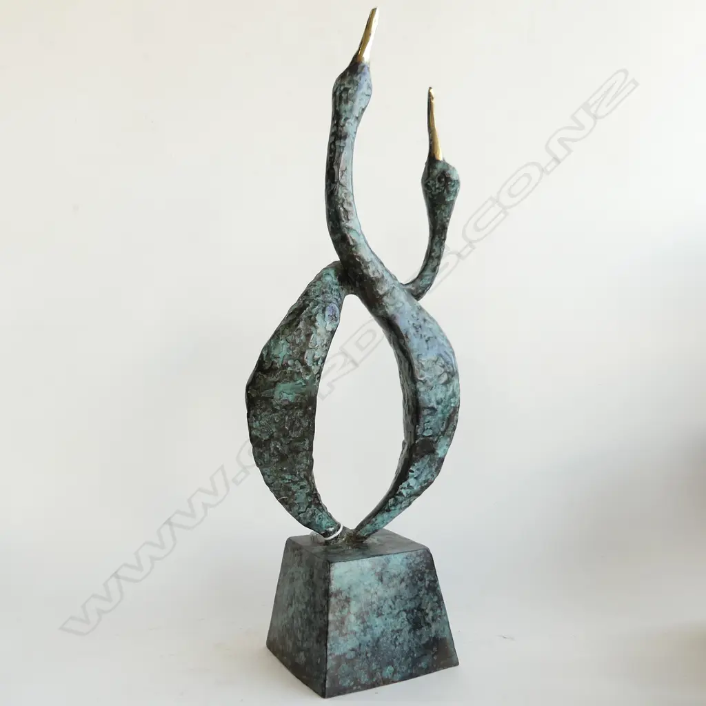 2 BRASS ABSTRACT ENTWINED DUCKS ON STAND H. 480MM Image 1++