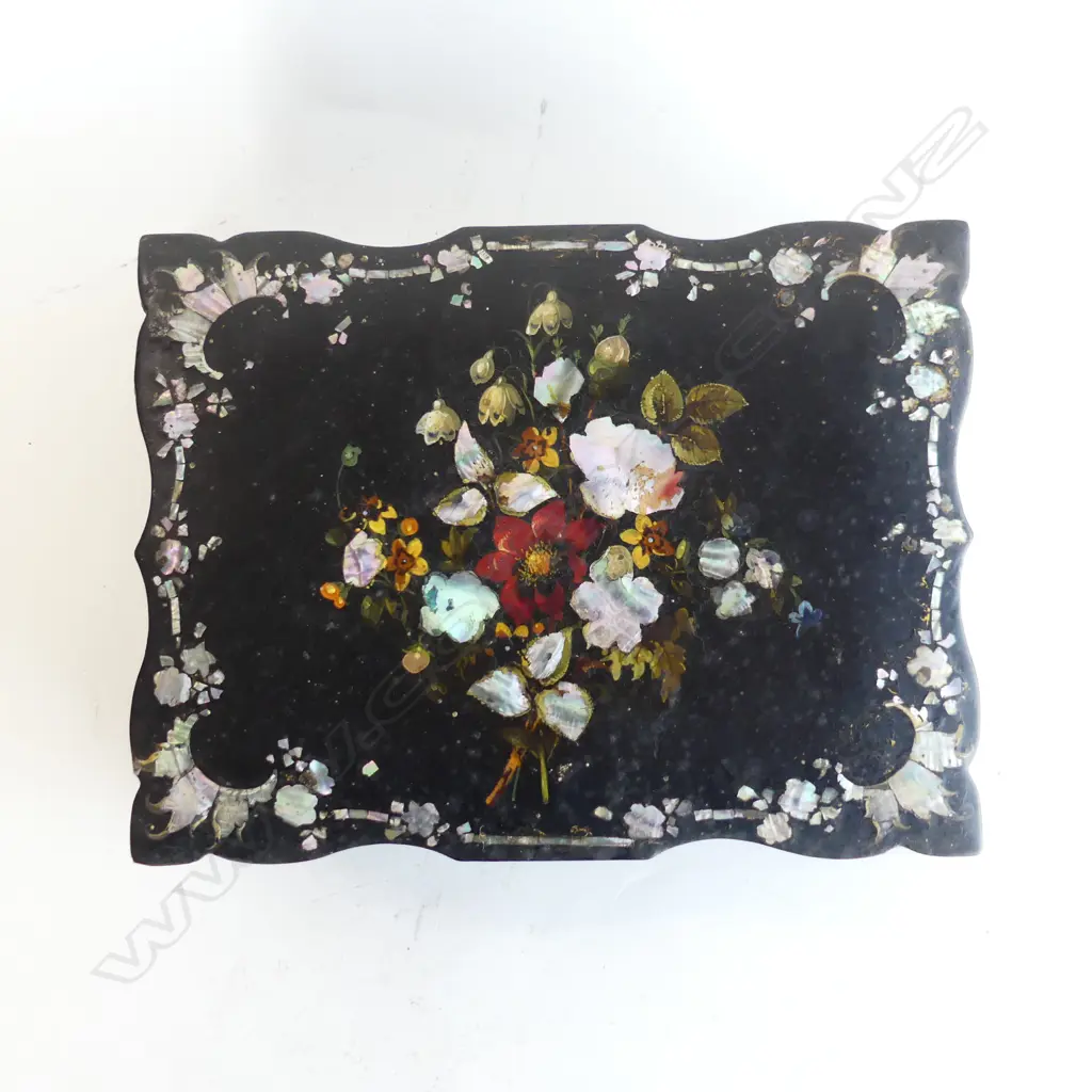 LATE 19thC BLACK LACQUER BOX w. MoP INLAY W.290mm (side piece req. glue) Image 1++