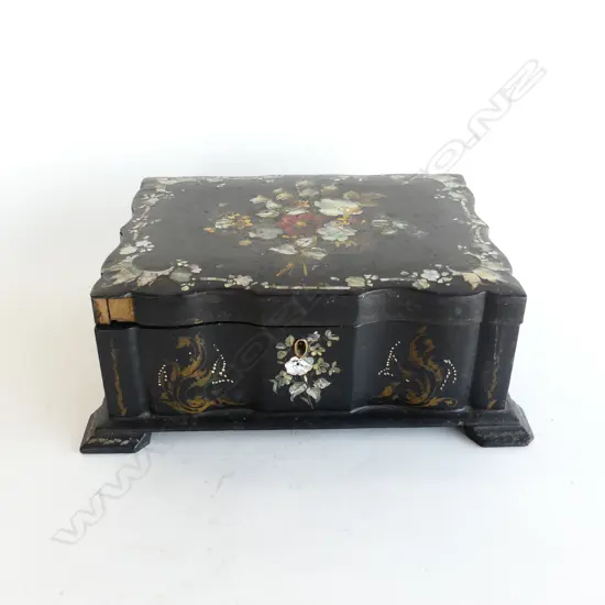 LATE 19thC BLACK LACQUER BOX w. MoP INLAY W.290mm (side piece req. glue)