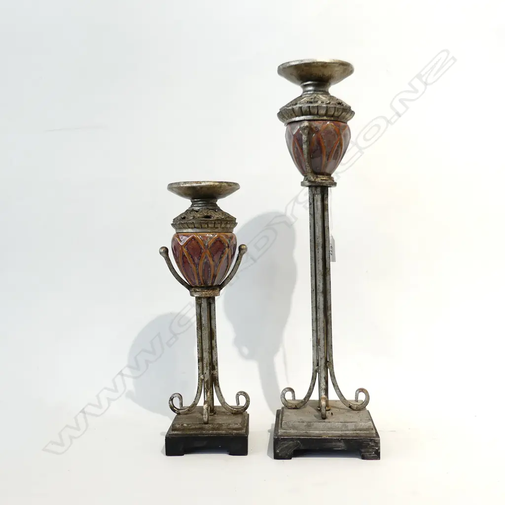 2 OLD WROUGHT IRON & CERAMIC PILLAR CANDLE HOLDERS H. 475 & 330MM Image 1++
