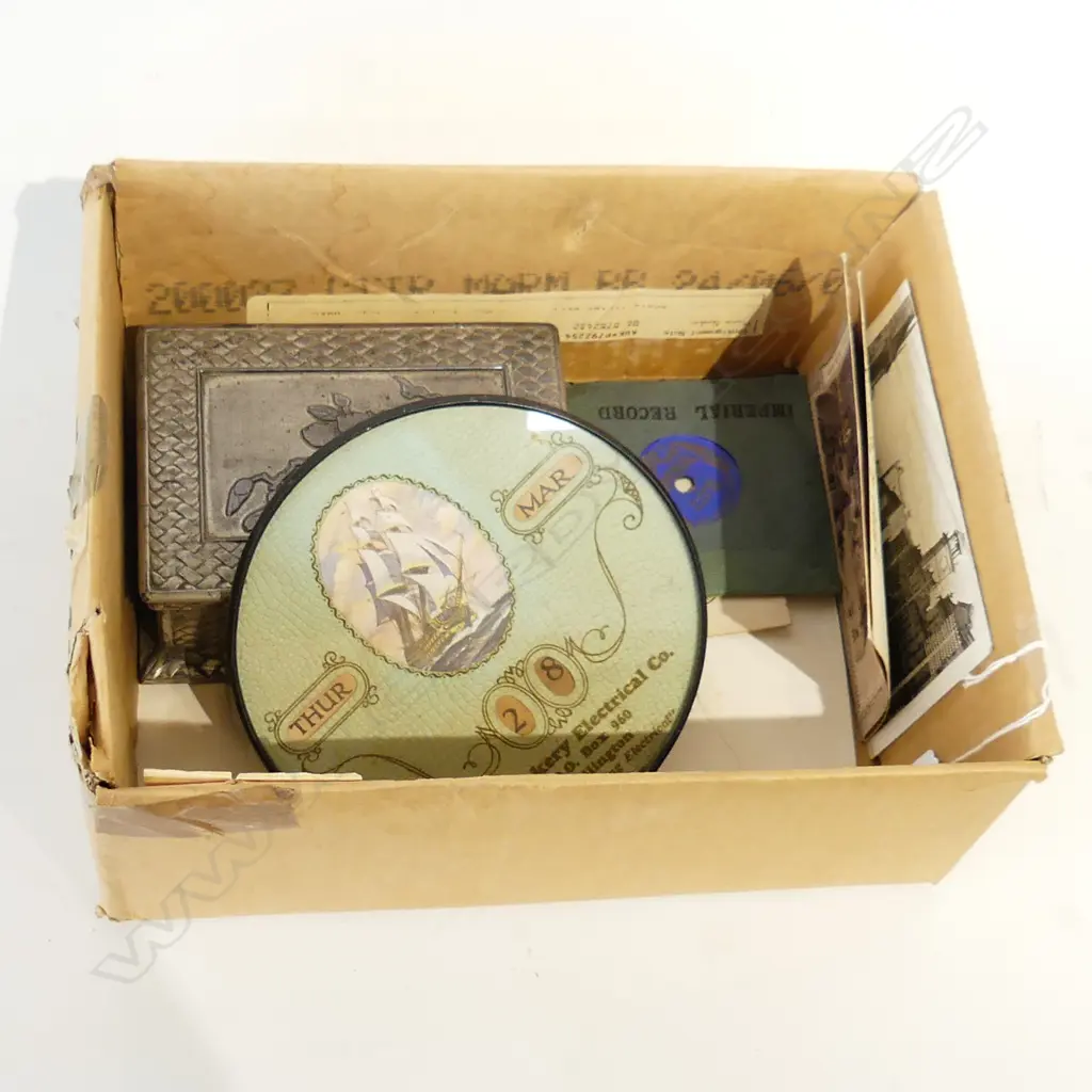 SMALL BOX OF COLLECTABLES JEWLERY BOX POSTCARDS  CALENDER ETC Image 1++