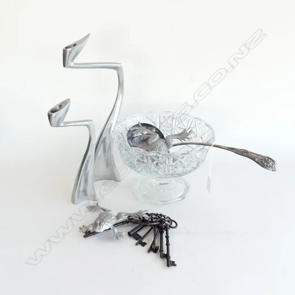 PRESSED GLASS COMPORT 225mm dia, EP SOUP LADLE, 3 SILVER FROGS, 7 VINTAGE STYLE KEYS, PR CANDLESTICKS H.350mm Image 1++