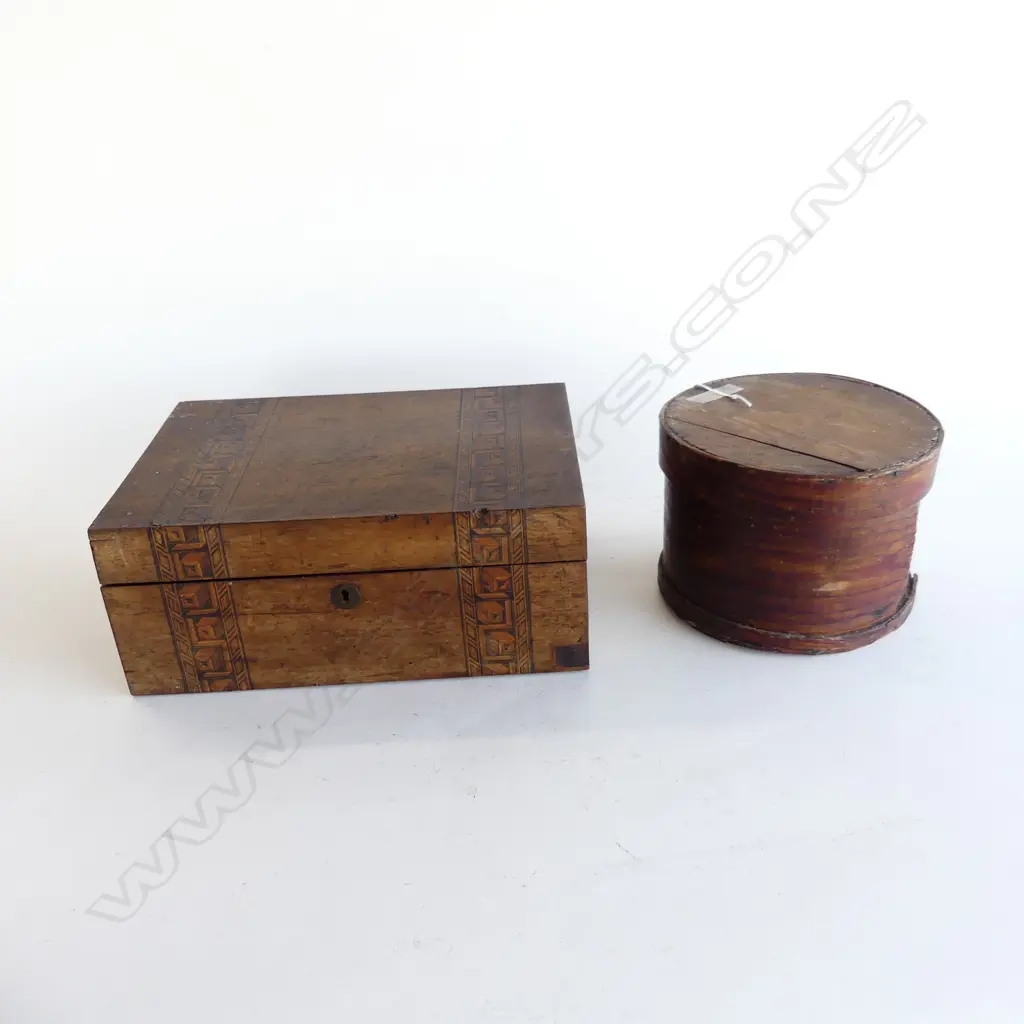 2 WOODEN BOXES; INLAID WRITING BOX W.305mm & SHAKER STYLE 195mm dia Image 1++