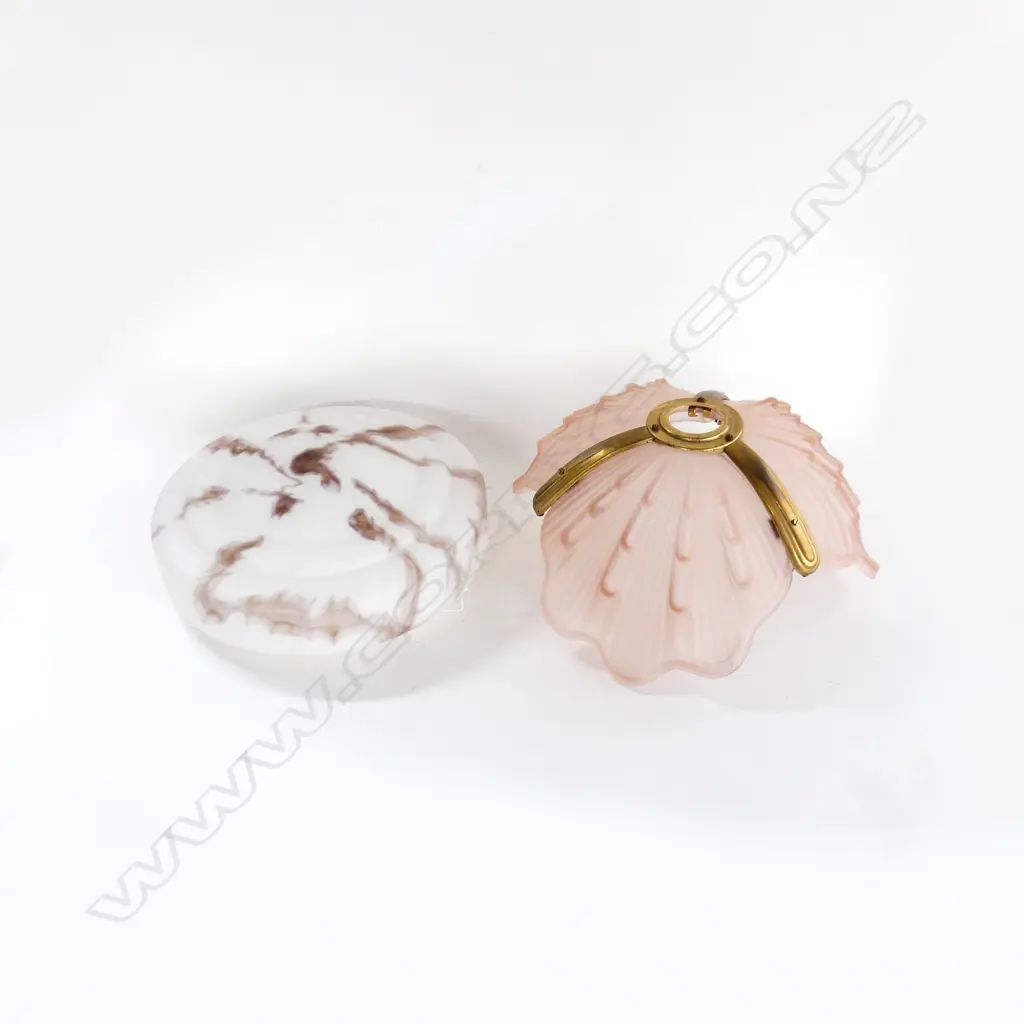 2 VINTAGE / DECO LIGHT FITTINGS; 3 PART PINK SHADE, FAUX MARBLE 360mm dia Image 1++