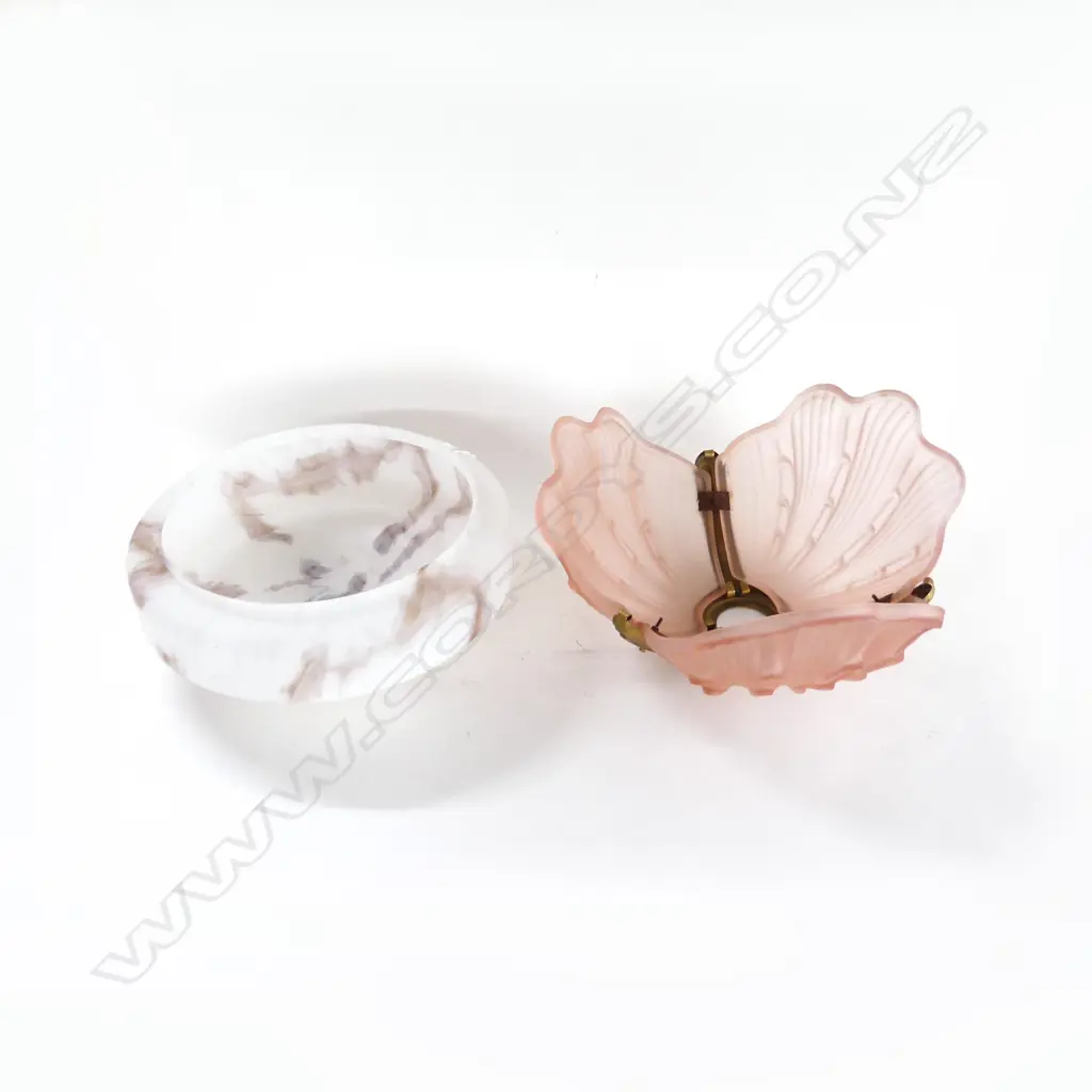 2 VINTAGE / DECO LIGHT FITTINGS; 3 PART PINK SHADE, FAUX MARBLE 360mm dia Image 1++