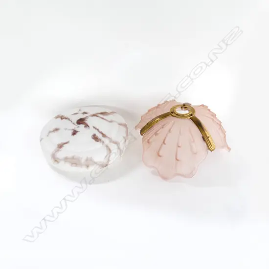2 VINTAGE / DECO LIGHT FITTINGS; 3 PART PINK SHADE, FAUX MARBLE 360mm dia