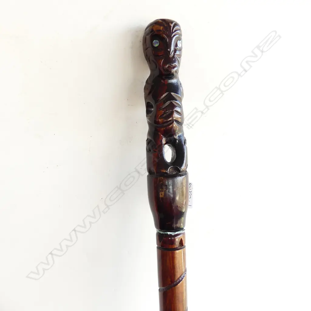 CARVED MAORI WALKING STICK WITH TIKI WITH PAUA SHELL EYES AT TOP Image 1++